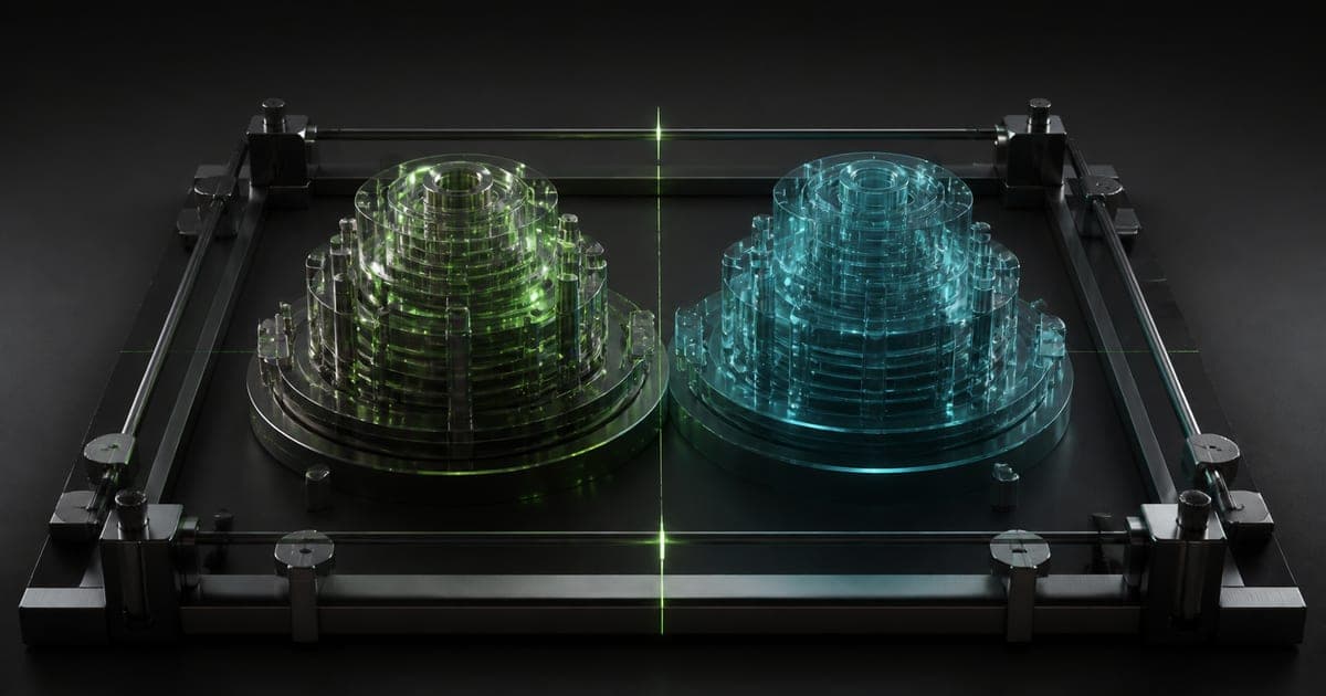 Matching green and cyan integration models aligned inside an optical comparison frame