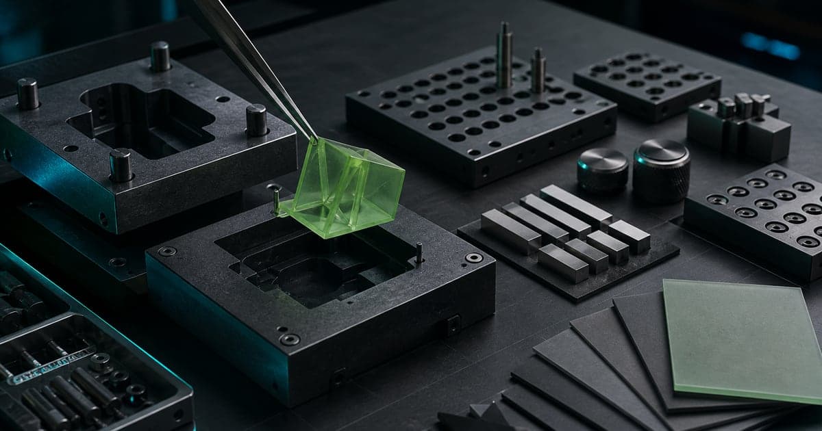Luminous green prototype lifted from a graphite mold beside reusable calibration tools
