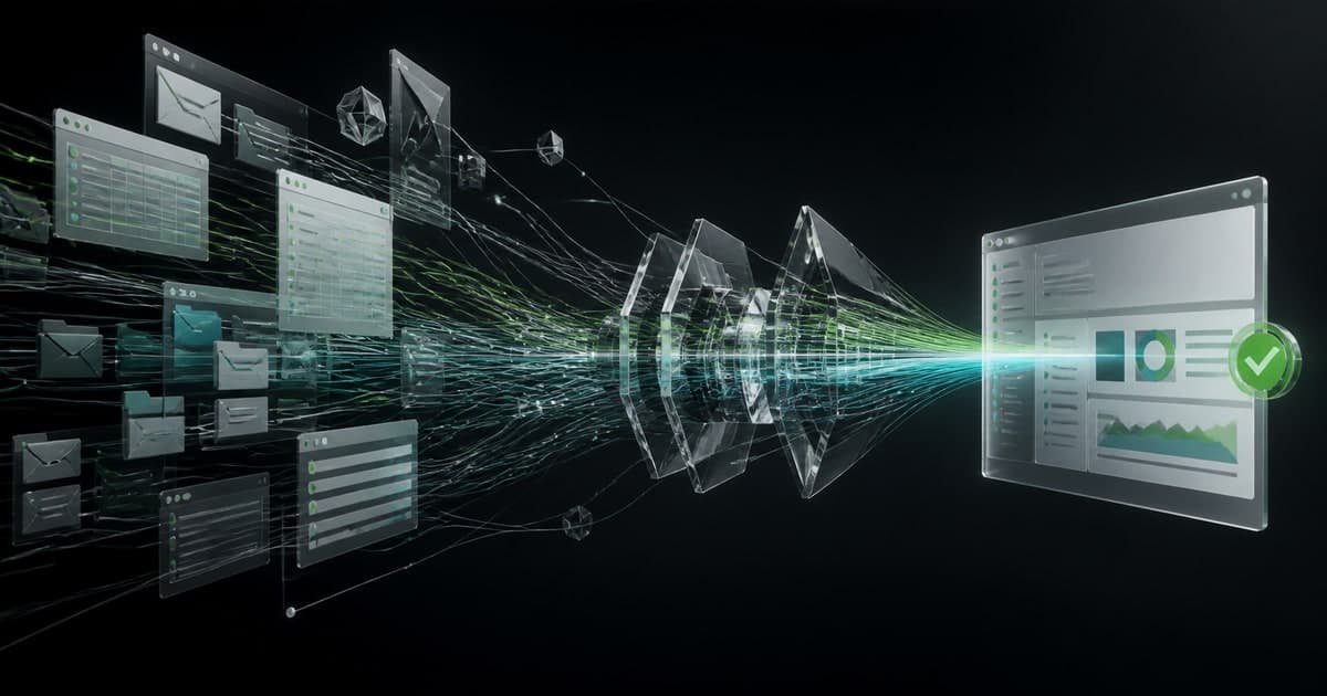Browser, document, and business-system inputs converging into one reviewable agent output
