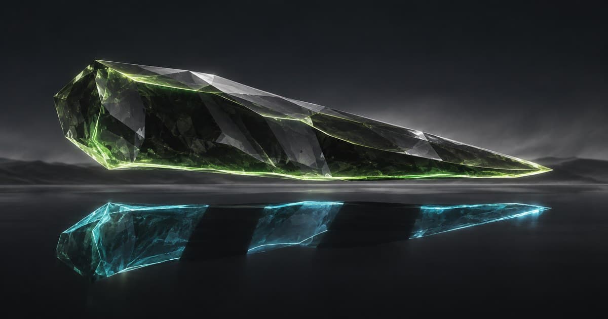 An intact green glass prism above a fragmented cyan reflection on a graphite surface