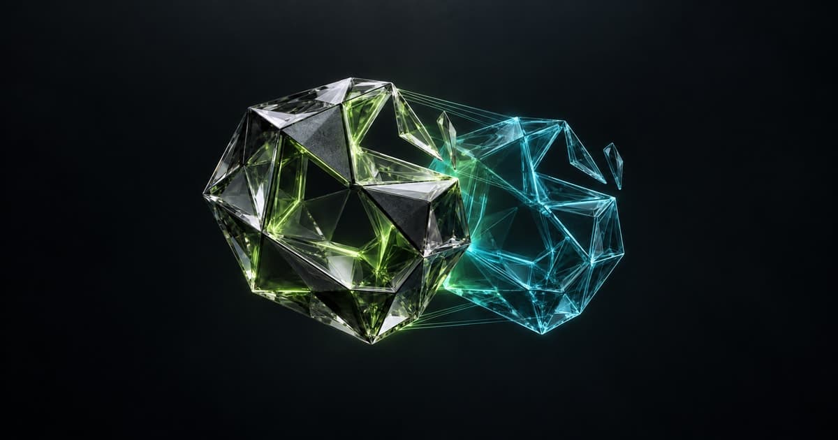 A faceted green and graphite crystal aligns with a cyan echo, repeating the same angular opening