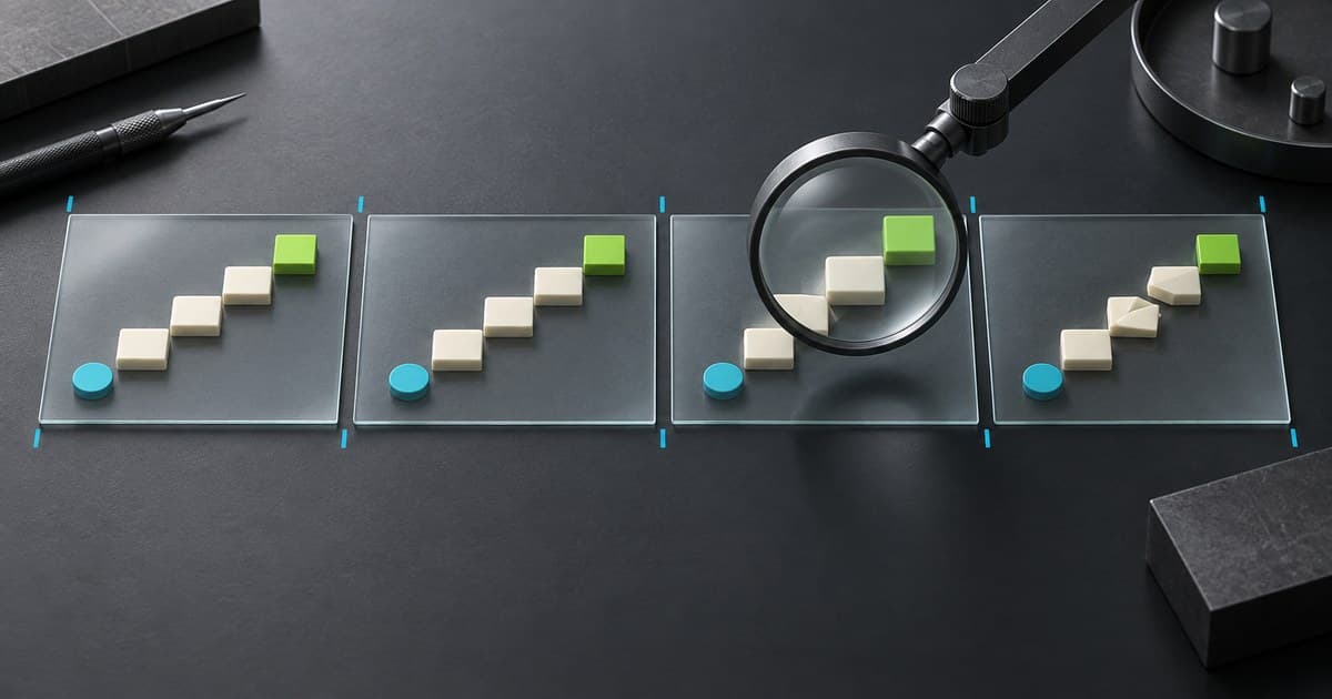 A magnifying lens examines a broken step repeated across recorded interaction frames