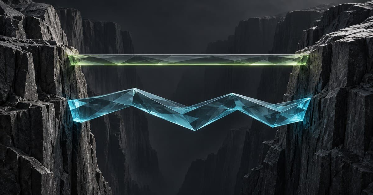 A direct green glass span and an elaborate cyan folded span bridge the same graphite chasm