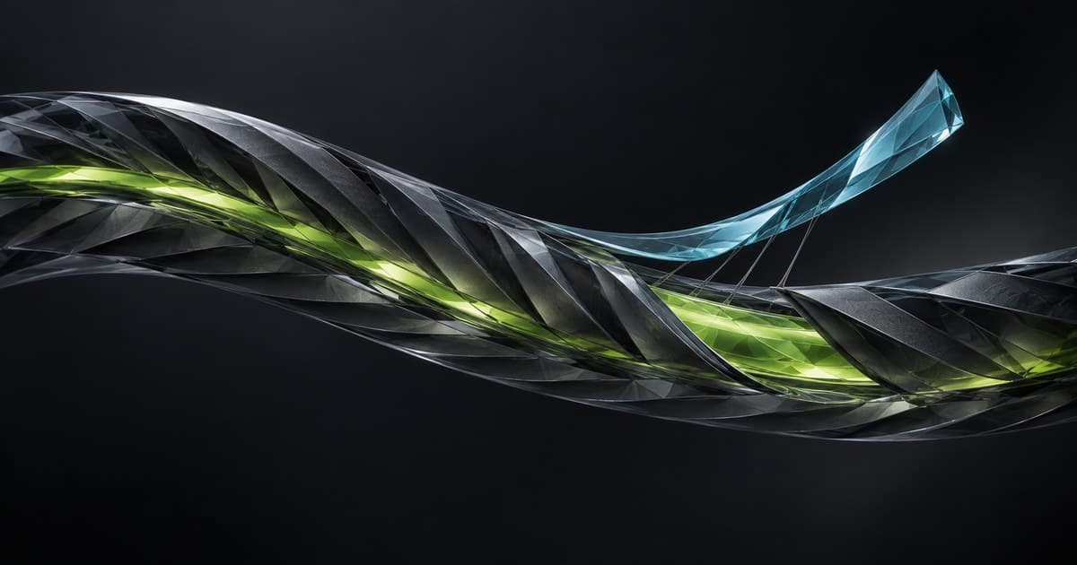 A cyan glass layer peels away from a faceted graphite ribbon, revealing a continuous green core
