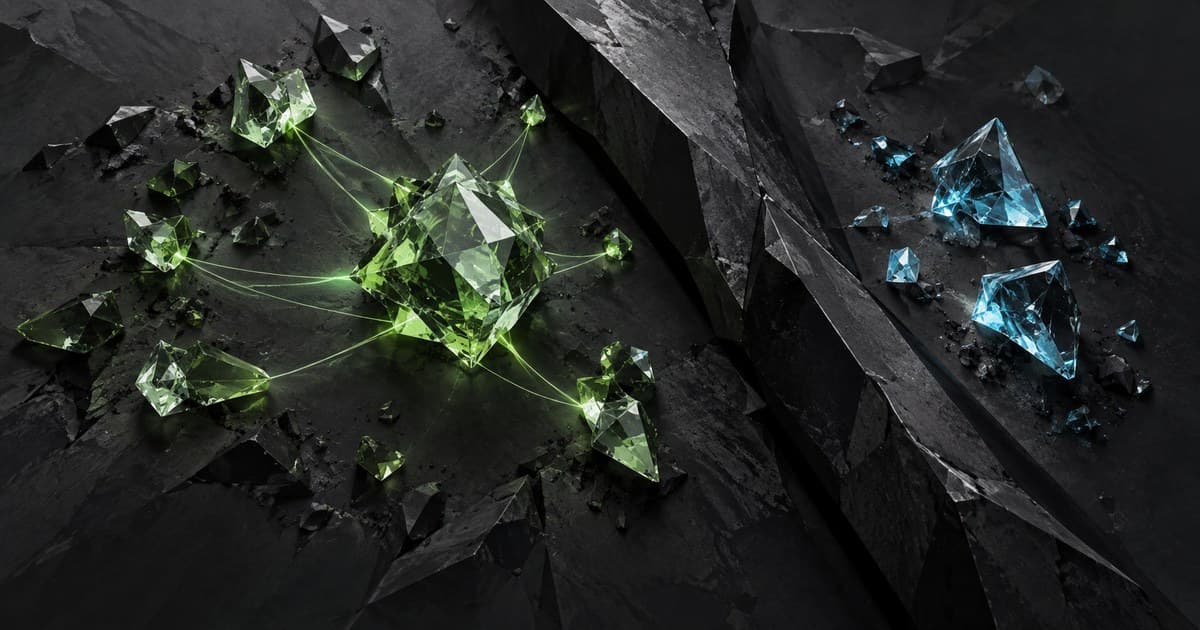 Green glass fragments converge on one side of a graphite divide while cyan fragments remain separate