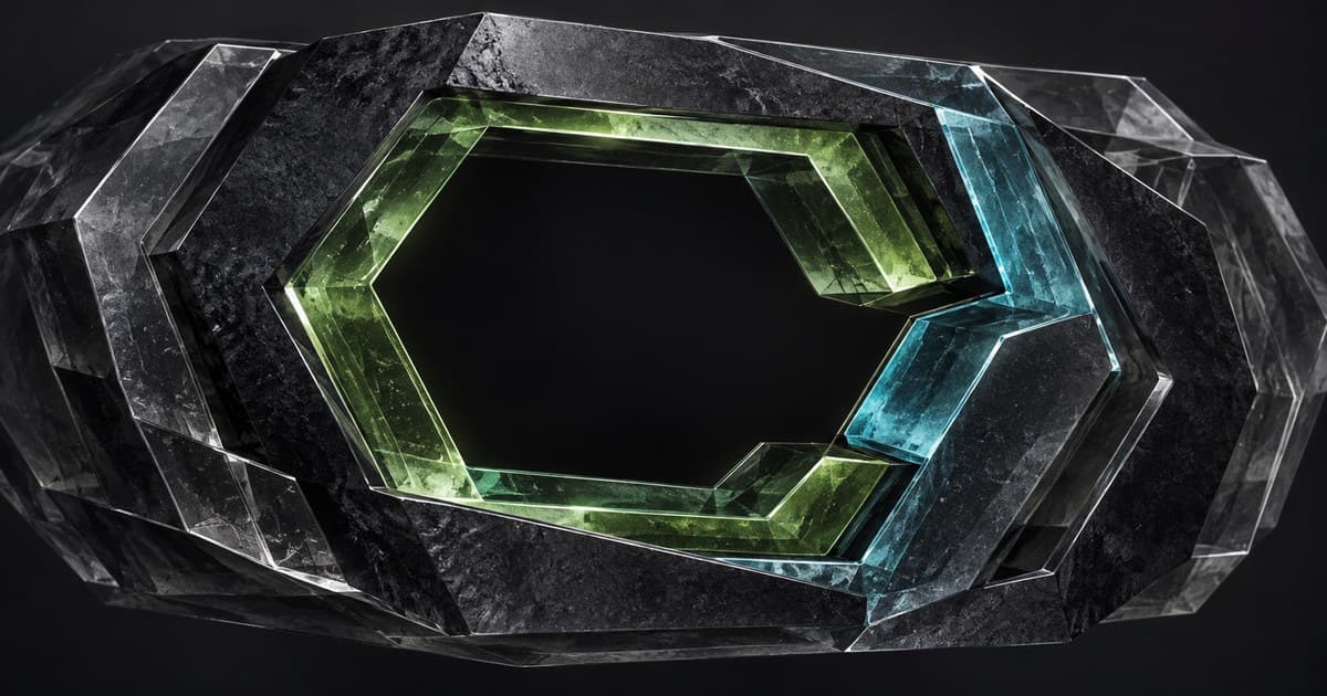 A displaced cyan glass layer interrupts the aligned green opening in nested graphite contours